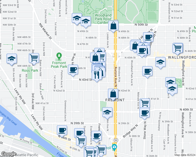 map of restaurants, bars, coffee shops, grocery stores, and more near in Seattle