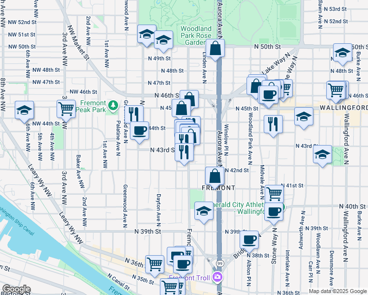 map of restaurants, bars, coffee shops, grocery stores, and more near in Seattle