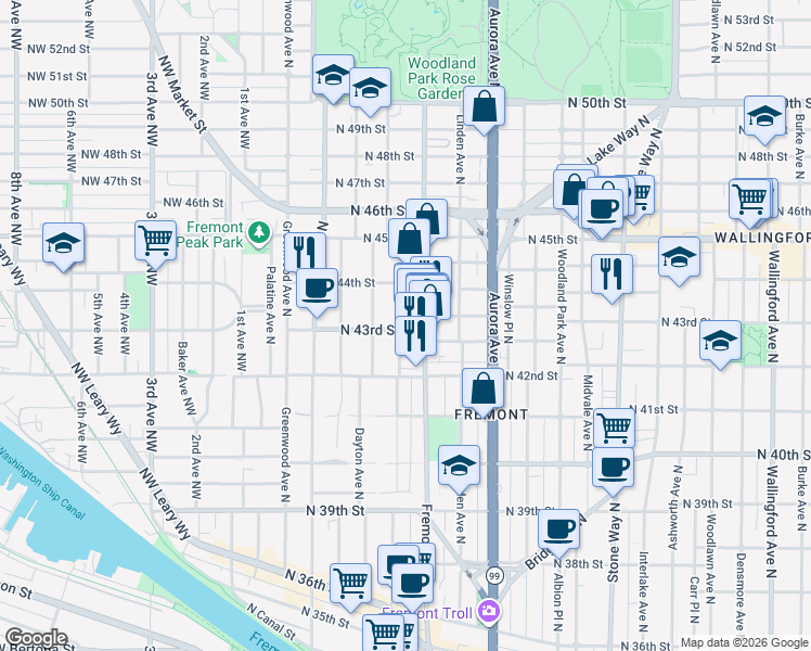 map of restaurants, bars, coffee shops, grocery stores, and more near in Seattle