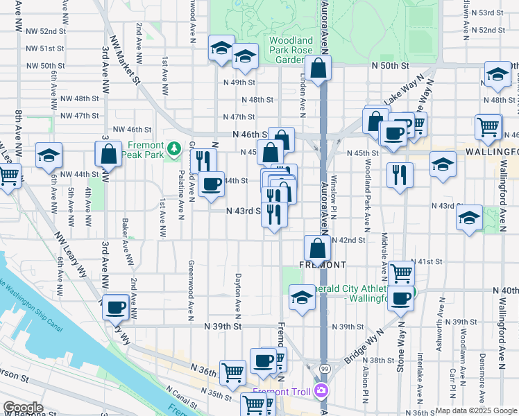 map of restaurants, bars, coffee shops, grocery stores, and more near 4318 Dayton Avenue North in Seattle