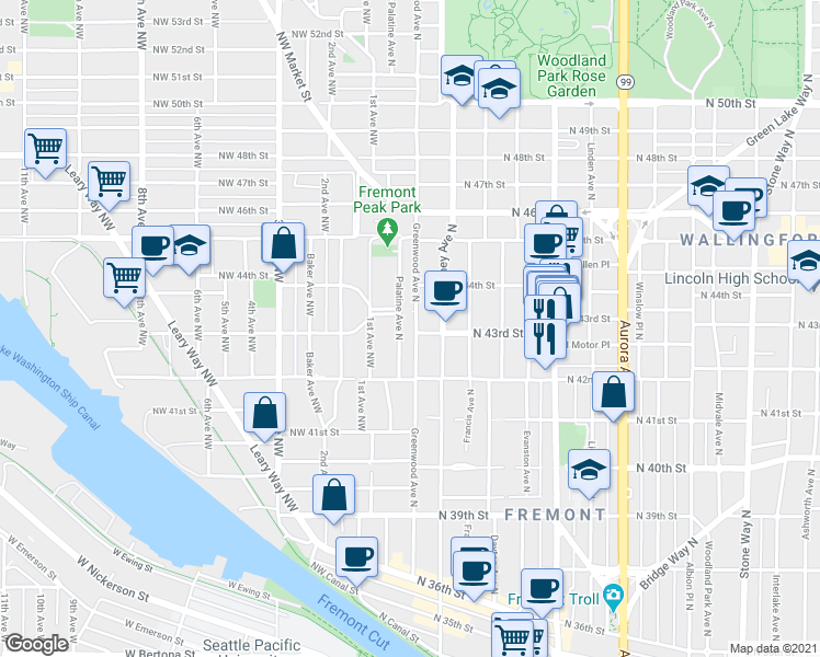 map of restaurants, bars, coffee shops, grocery stores, and more near 4318 Greenwood Avenue North in Seattle