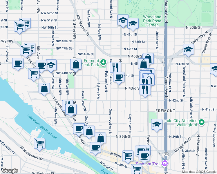 map of restaurants, bars, coffee shops, grocery stores, and more near 118 North 43rd Street in Seattle
