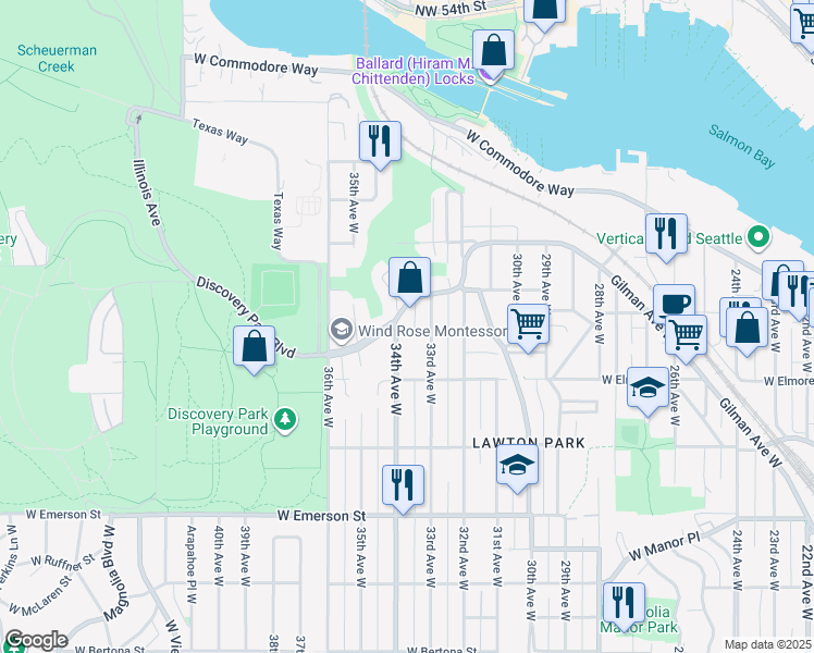 map of restaurants, bars, coffee shops, grocery stores, and more near 3309 West Government Way in Seattle