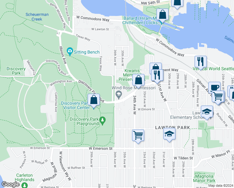 map of restaurants, bars, coffee shops, grocery stores, and more near 4333 35th Avenue West in Seattle