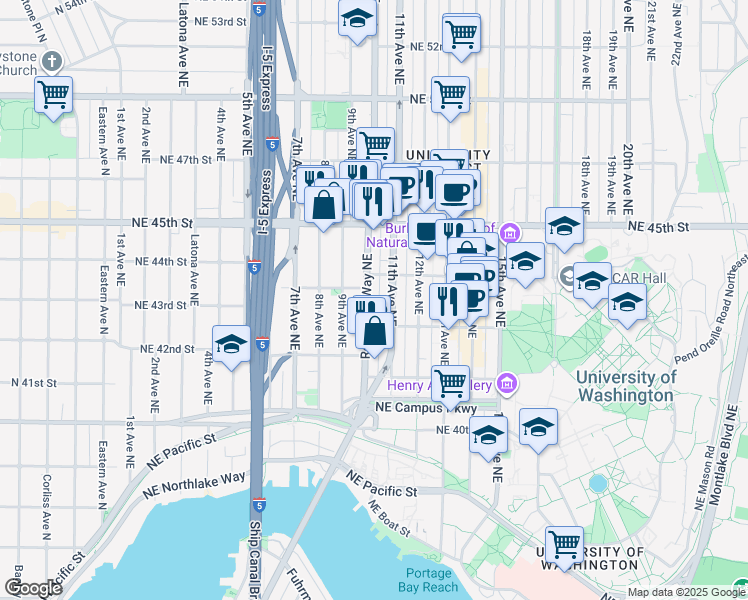 map of restaurants, bars, coffee shops, grocery stores, and more near 4218 Roosevelt Way Northeast in Seattle