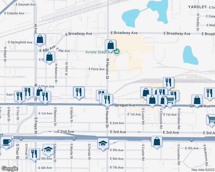 map of restaurants, bars, coffee shops, grocery stores, and more near 209 North Havana Street in Spokane