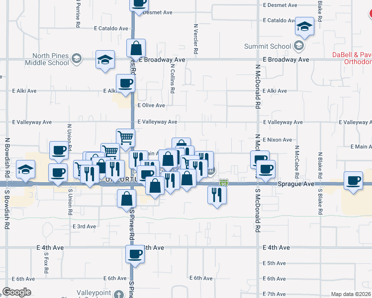 map of restaurants, bars, coffee shops, grocery stores, and more near 12603 East Main Avenue in Spokane Valley