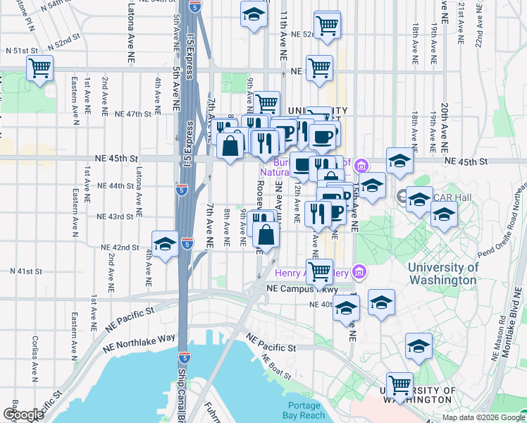 map of restaurants, bars, coffee shops, grocery stores, and more near in Seattle