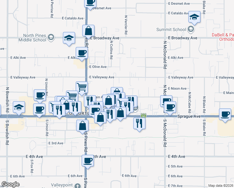 map of restaurants, bars, coffee shops, grocery stores, and more near 12603 East Main Avenue in Spokane Valley