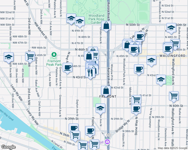map of restaurants, bars, coffee shops, grocery stores, and more near 4272 Fremont Avenue North in Seattle