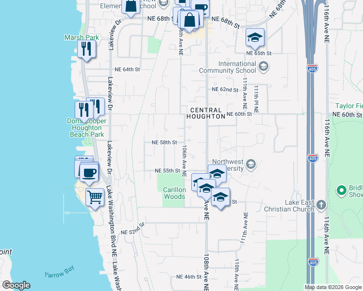 map of restaurants, bars, coffee shops, grocery stores, and more near 10531 Northeast 58th Street in Kirkland