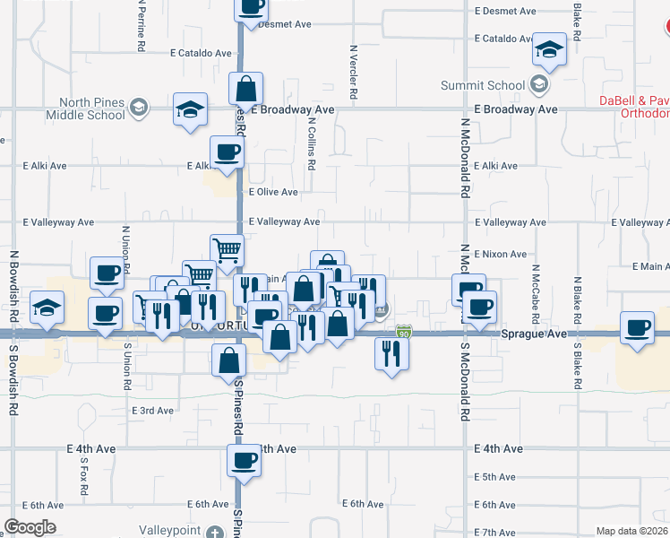 map of restaurants, bars, coffee shops, grocery stores, and more near 12603 East Main Avenue in Spokane Valley