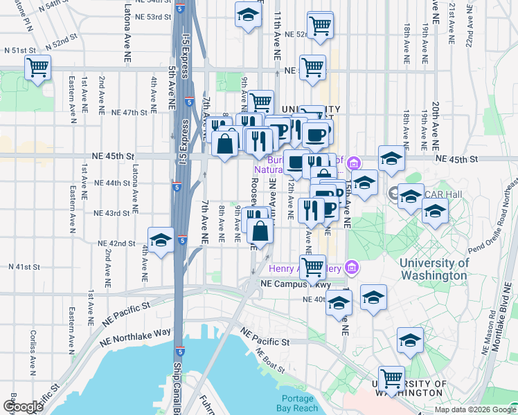 map of restaurants, bars, coffee shops, grocery stores, and more near in Seattle