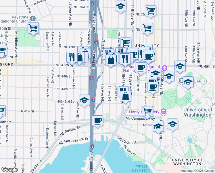 map of restaurants, bars, coffee shops, grocery stores, and more near 706 Northeast 43rd Street in Seattle