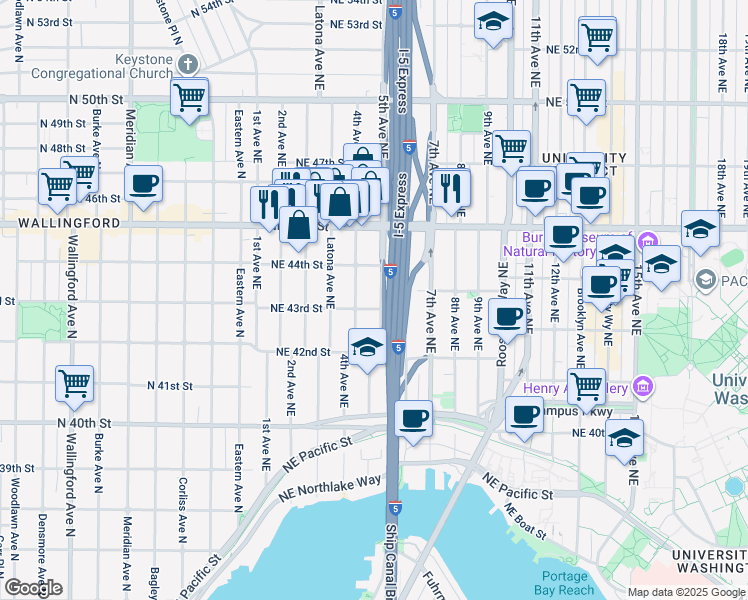 map of restaurants, bars, coffee shops, grocery stores, and more near 4312 4th Avenue Northeast in Seattle