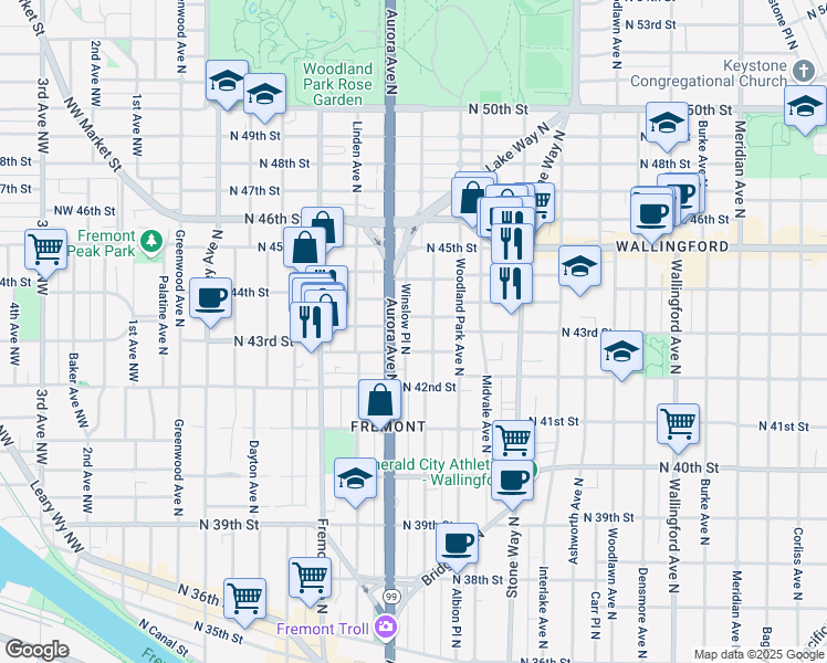 map of restaurants, bars, coffee shops, grocery stores, and more near 959 North 43rd Street in Seattle