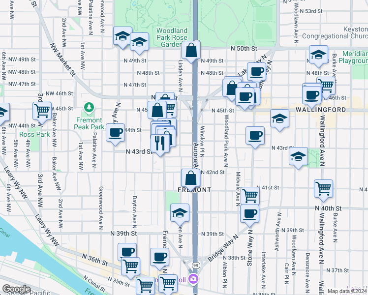 map of restaurants, bars, coffee shops, grocery stores, and more near in Seattle