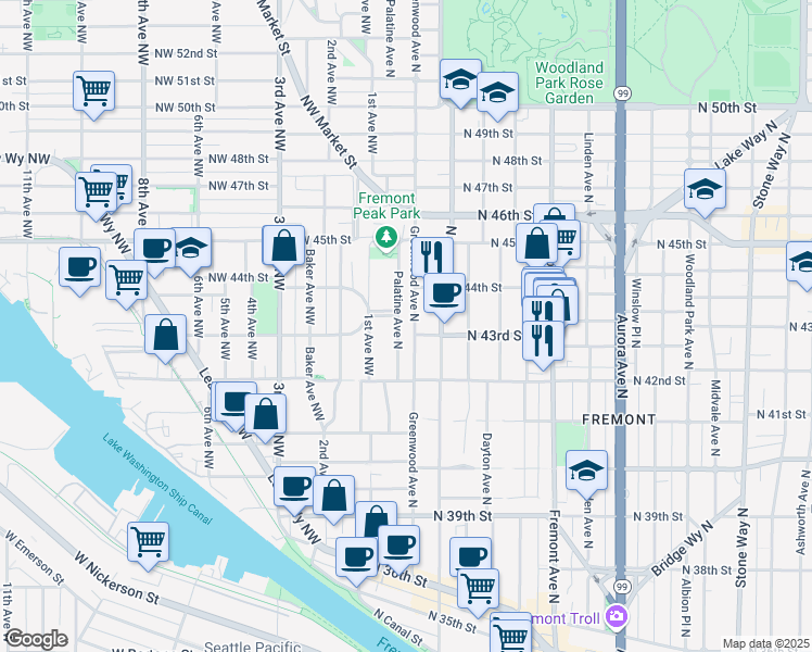 map of restaurants, bars, coffee shops, grocery stores, and more near 118 North 43rd Street in Seattle