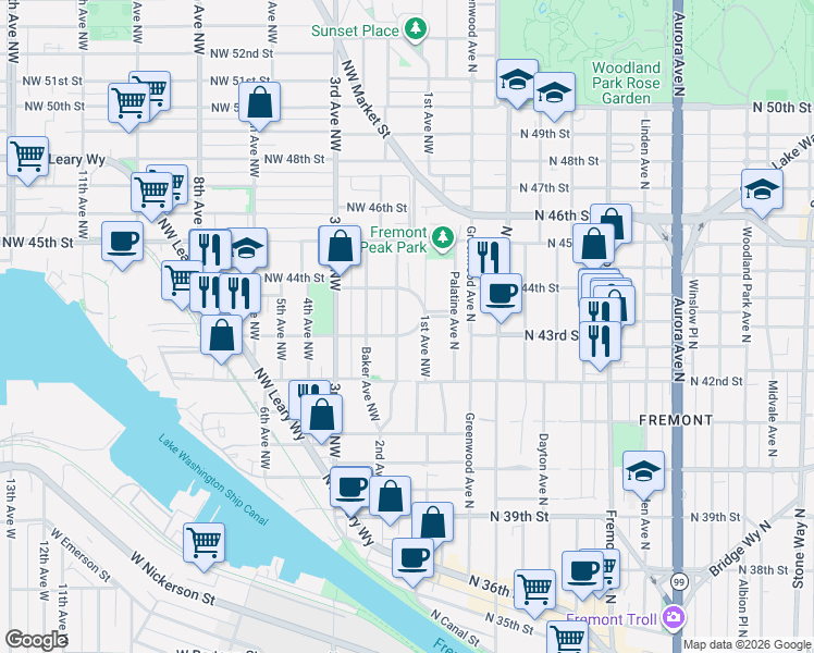 map of restaurants, bars, coffee shops, grocery stores, and more near 4318 2nd Avenue Northwest in Seattle