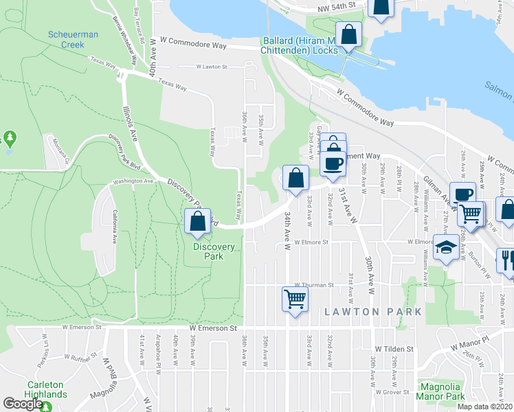 map of restaurants, bars, coffee shops, grocery stores, and more near 4333 35th Avenue West in Seattle