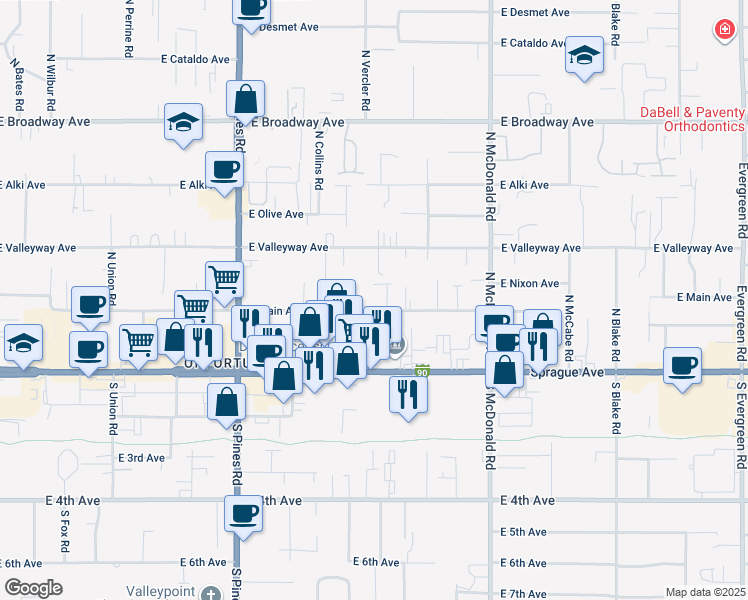 map of restaurants, bars, coffee shops, grocery stores, and more near 12701 East Main Avenue in Spokane Valley