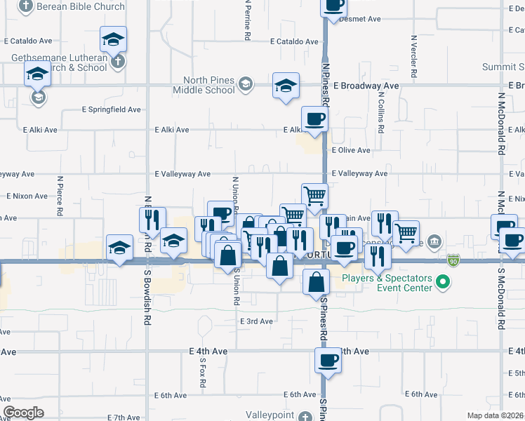 map of restaurants, bars, coffee shops, grocery stores, and more near 12013 East Main Avenue in Spokane Valley
