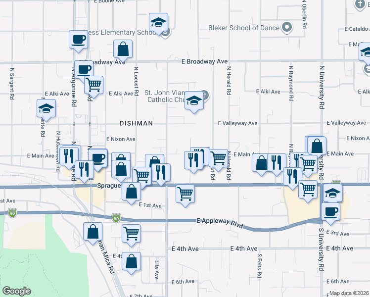 map of restaurants, bars, coffee shops, grocery stores, and more near 215 Sunderland Court in Spokane Valley