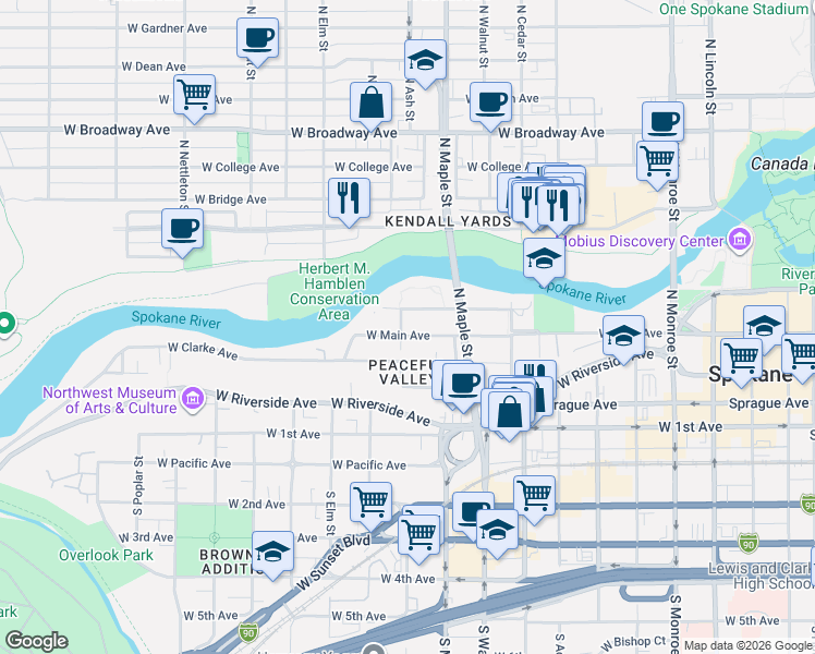 map of restaurants, bars, coffee shops, grocery stores, and more near 1629 West Water Avenue in Spokane