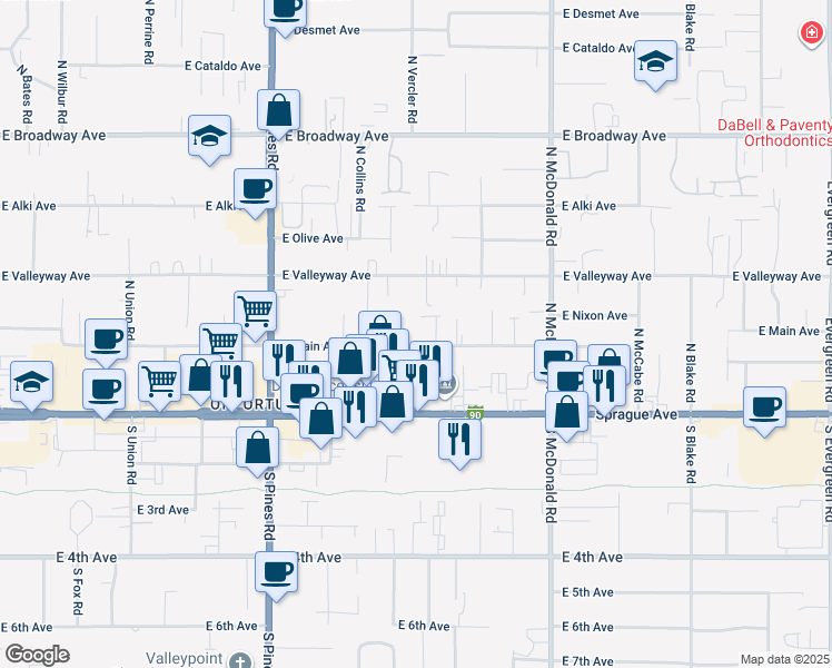 map of restaurants, bars, coffee shops, grocery stores, and more near 12701 East Main Avenue in Spokane Valley