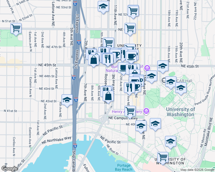 map of restaurants, bars, coffee shops, grocery stores, and more near 4218 Roosevelt Way Northeast in Seattle