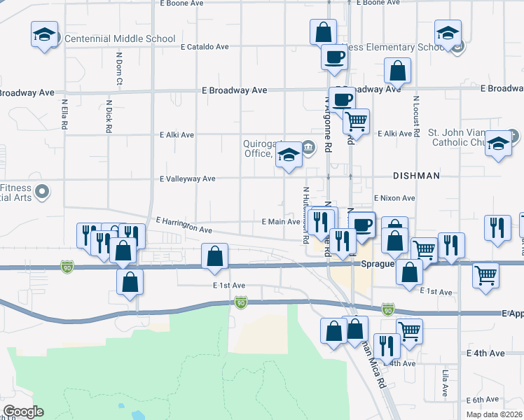 map of restaurants, bars, coffee shops, grocery stores, and more near 8801 East Main Avenue in Spokane Valley