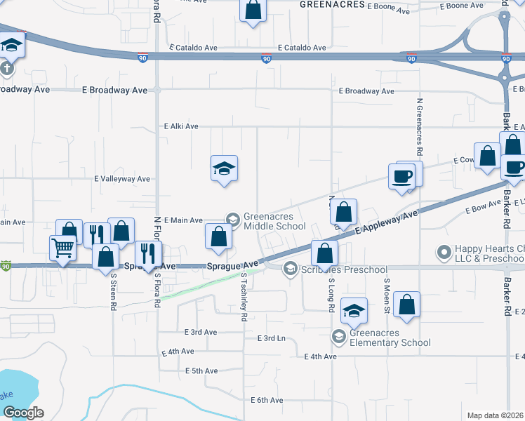 map of restaurants, bars, coffee shops, grocery stores, and more near 208 North Corbin Road in Spokane Valley