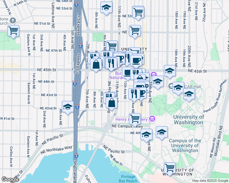 map of restaurants, bars, coffee shops, grocery stores, and more near 4242 Roosevelt Way Northeast in Seattle