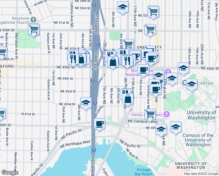 map of restaurants, bars, coffee shops, grocery stores, and more near 706 Northeast 43rd Street in Seattle