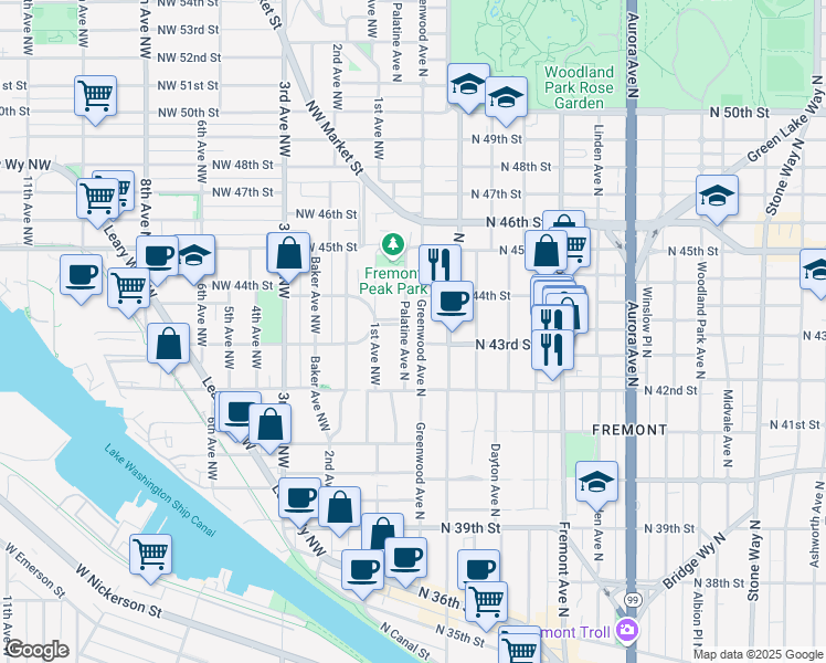 map of restaurants, bars, coffee shops, grocery stores, and more near 118 North 43rd Street in Seattle