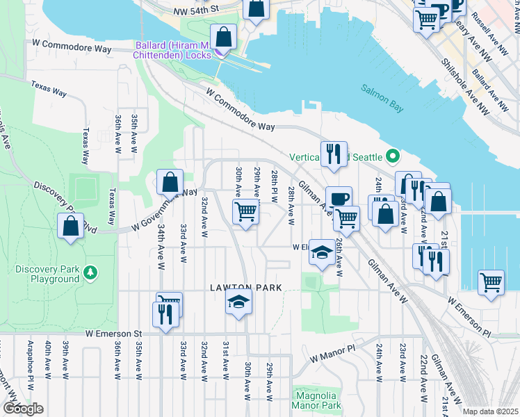map of restaurants, bars, coffee shops, grocery stores, and more near 4331 29th Avenue West in Seattle