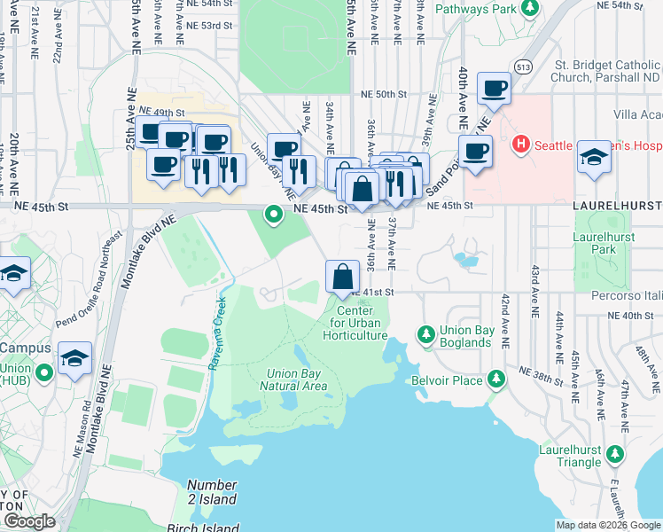 map of restaurants, bars, coffee shops, grocery stores, and more near 4200 Mary Gates Memorial Drive Northeast in Seattle