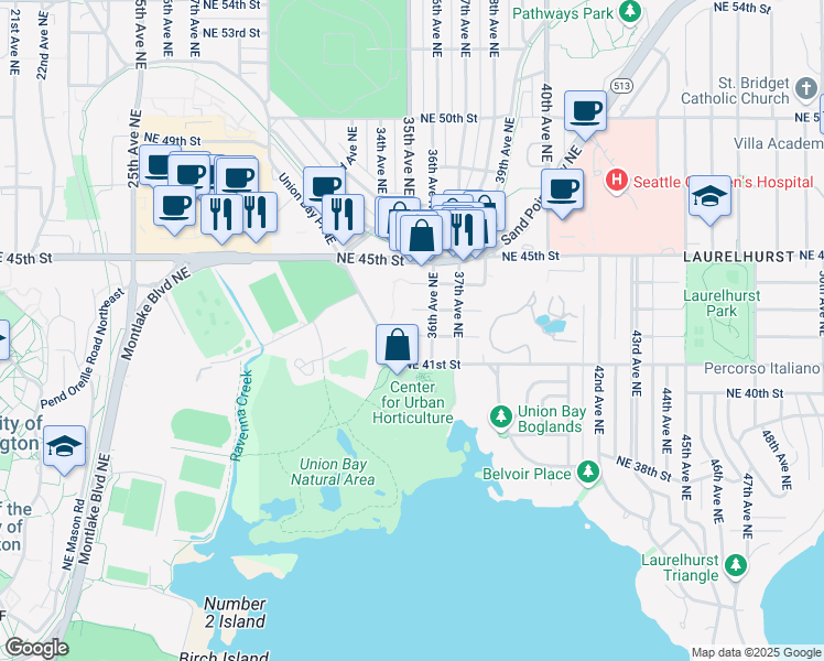 map of restaurants, bars, coffee shops, grocery stores, and more near 3502 Northeast 42nd Street in Seattle