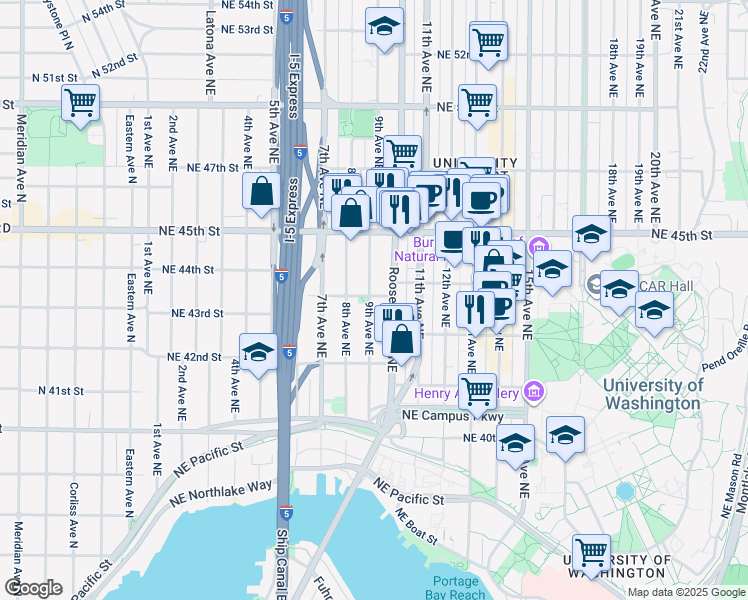 map of restaurants, bars, coffee shops, grocery stores, and more near 817 Northeast 43rd Street in Seattle