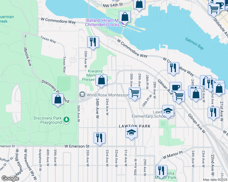 map of restaurants, bars, coffee shops, grocery stores, and more near 4335 32nd Avenue West in Seattle