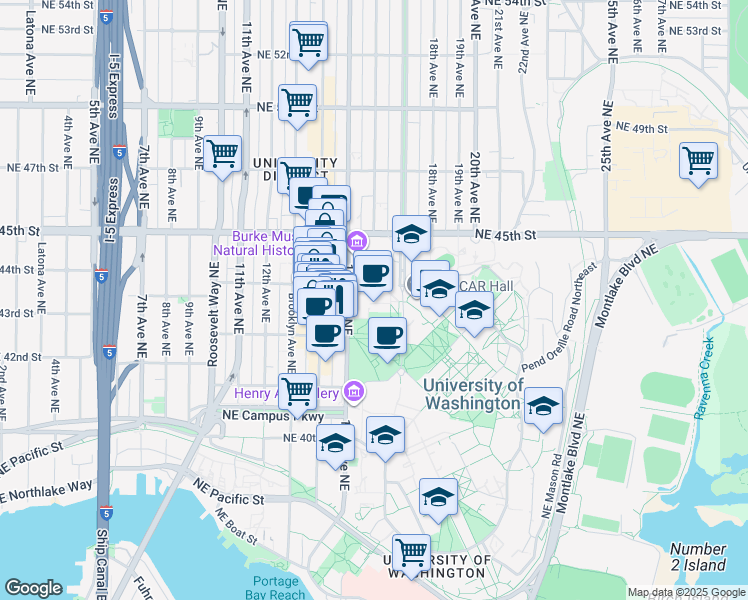 map of restaurants, bars, coffee shops, grocery stores, and more near 4293 Memorial Way Northeast in Seattle