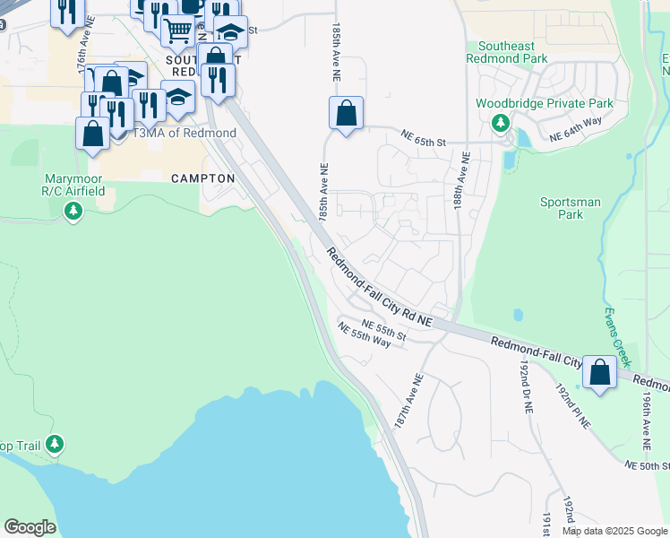 map of restaurants, bars, coffee shops, grocery stores, and more near 18550 Northeast 57th Street in Redmond