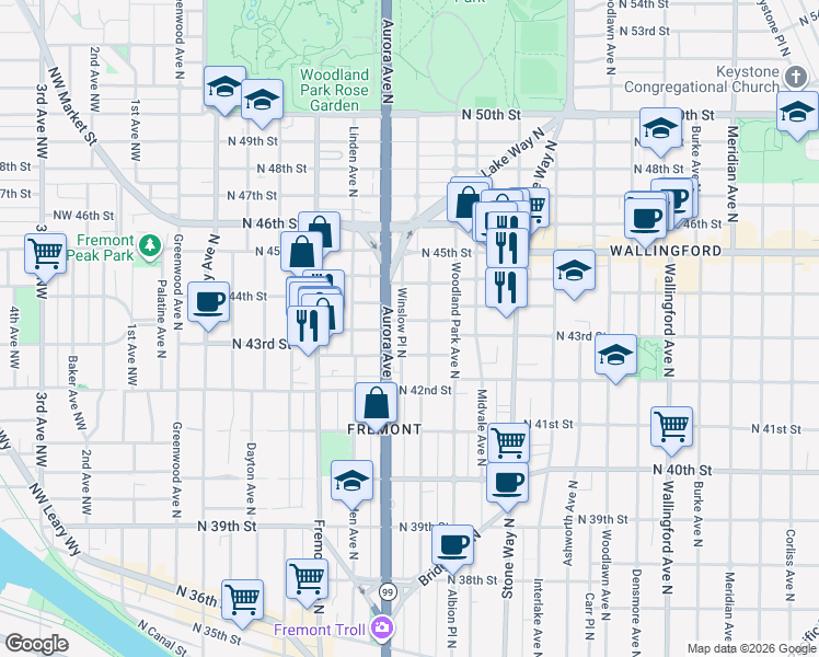 map of restaurants, bars, coffee shops, grocery stores, and more near 959 North 43rd Street in Seattle