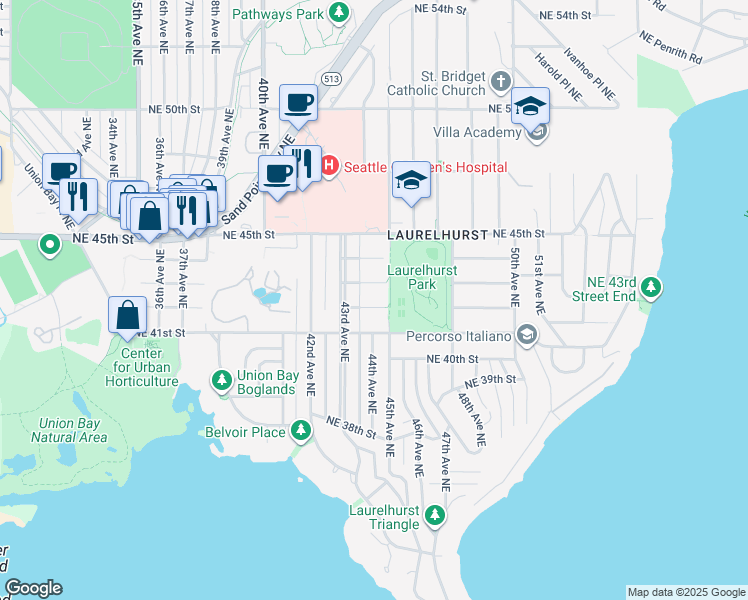map of restaurants, bars, coffee shops, grocery stores, and more near 4326 NE 42nd St in Seattle