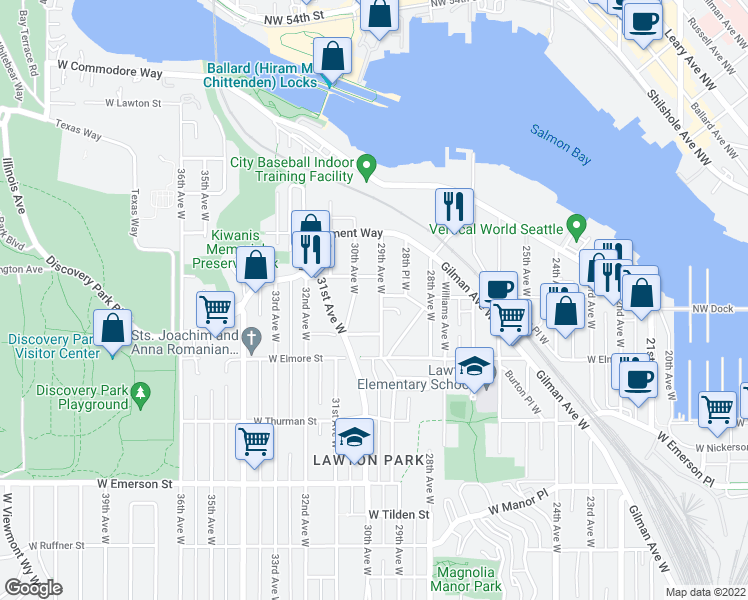 map of restaurants, bars, coffee shops, grocery stores, and more near 4331 29th Avenue West in Seattle