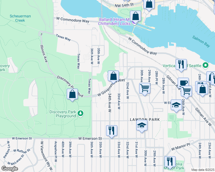 map of restaurants, bars, coffee shops, grocery stores, and more near 3400 West Government Way in Seattle