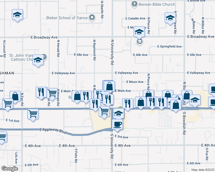 map of restaurants, bars, coffee shops, grocery stores, and more near 213 North University Road in Spokane Valley