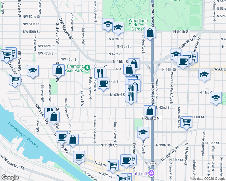 map of restaurants, bars, coffee shops, grocery stores, and more near 4317 Francis Avenue North in Seattle