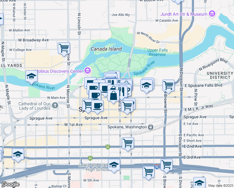 map of restaurants, bars, coffee shops, grocery stores, and more near 508 West Main Avenue in Spokane