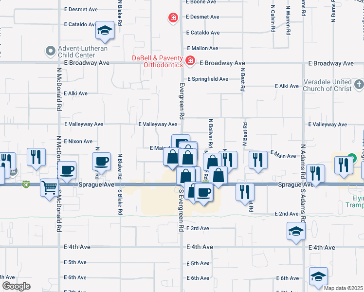 map of restaurants, bars, coffee shops, grocery stores, and more near 13917 East Main Avenue in Spokane Valley